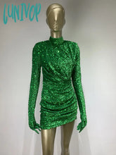 Lunivop Women Summer Sexy Turtleneck Long Sleeve Velvet Green Mini Sequins Bodycon Dress Elegant